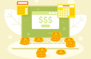 Earnings on the Internet. Laptop and there are coins around it. Online payment concept without ATM or bank. Cashback via application. Paying bill using pc. Vector graphics